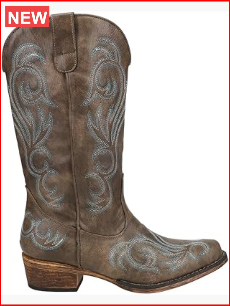 Embroidered Snip Toe Mid Calf Boots Low Heel